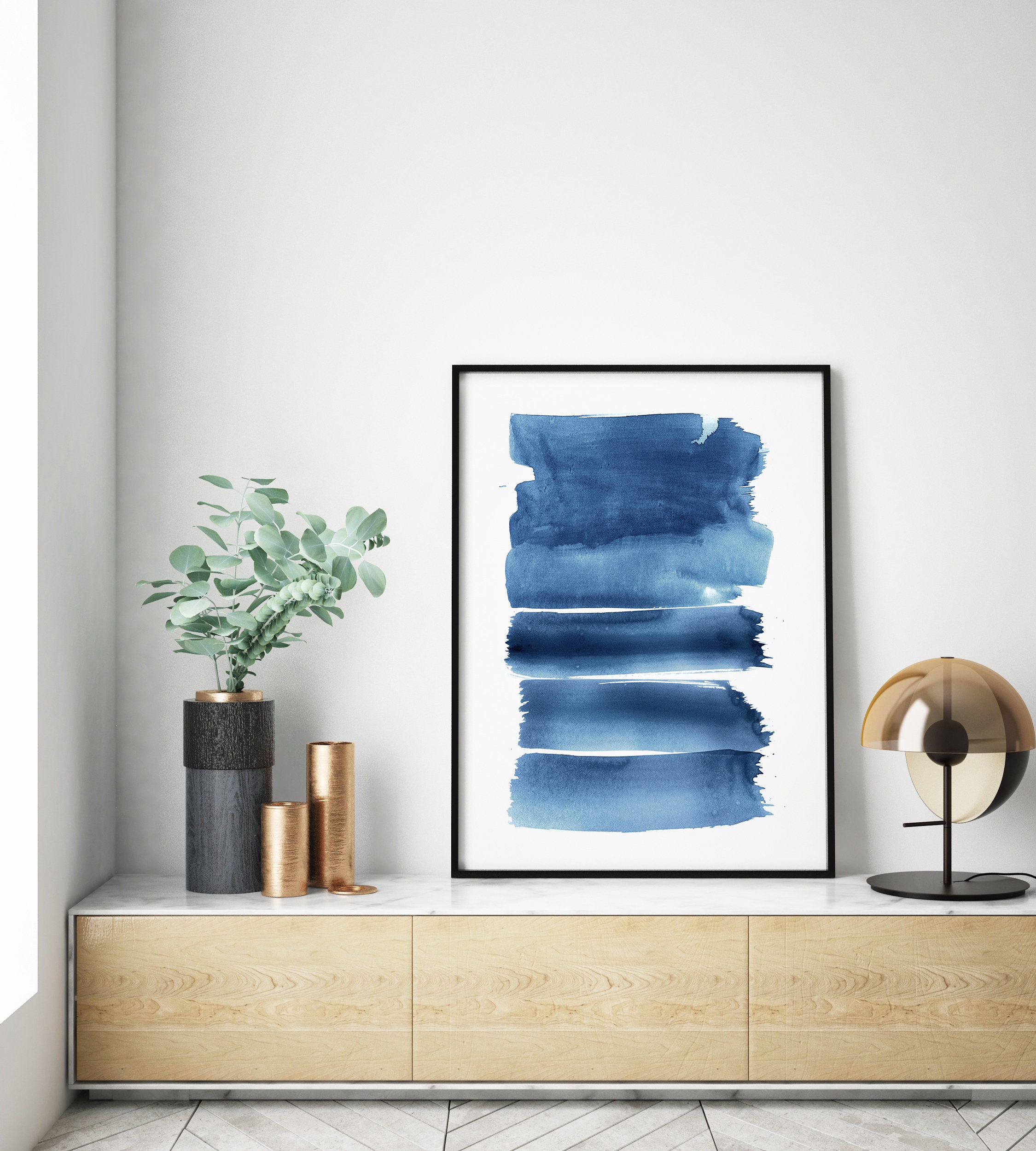 Horizontal Blue Watercolor Stripes Abstract Painting Digital Etsy