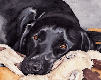 Black Labrador with sheep Fine Art Giclée print, wall art, nursery art, dog print, dog art, home decor, pet portrait, watercolour labrador