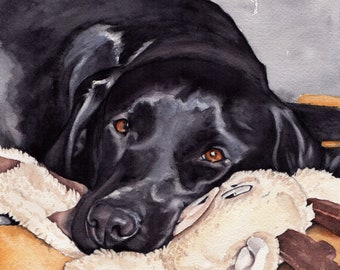 Black Labrador with sheep Fine Art Giclée print, wall art, nursery art, dog print, dog art, home decor, pet portrait, watercolour labrador