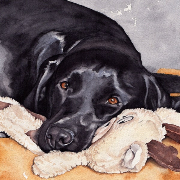 Black Labrador with sheep Fine Art Giclée print, wall art, nursery art, dog print, dog art, home decor, pet portrait, watercolour labrador