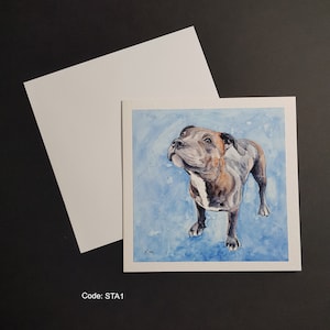 Bleu staffie - carte de voeux carrée de 6 x 6 pouces. Carte martelée de 300 g avec enveloppe blanche.