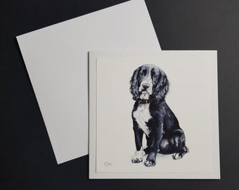 Black and White Spaniel - 6x6in square greetings card. Hammered 300gm card with white envelope.
