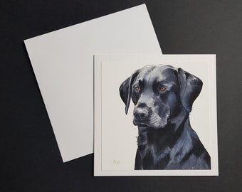 Zwarte labrador - vierkante wenskaart 6 x 6 inch. Gehamerde kaart van 300 gram met witte envelop.