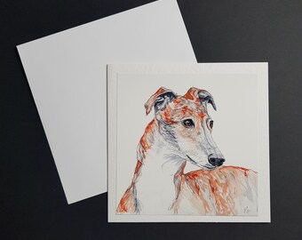 Greyhound - 6x6in square greetings card. Hammered 300gm card with white envelope.