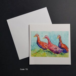 Trois canards - carte de voeux carrée de 6 x 6 pouces. Carte martelée de 300 g avec enveloppe blanche. Canards coureurs, art de canard.