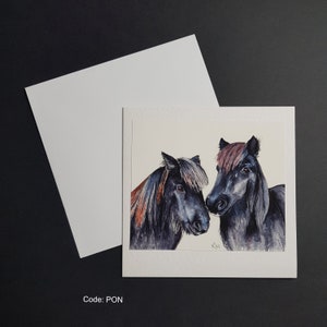 Poneys Shetland - carte de voeux carrée de 6 x 6 pouces. Carte martelée de 300 g avec enveloppe blanche.