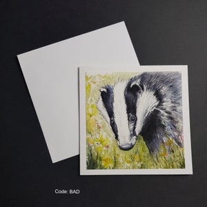 Badger in Meadow - 6x6in square greetings card. Hammered 300gm card with white envelope.