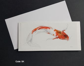Koi Carp blank greetings card with white envelope. DL size. Koi carp print, Koi fish, orange Koi Carp.