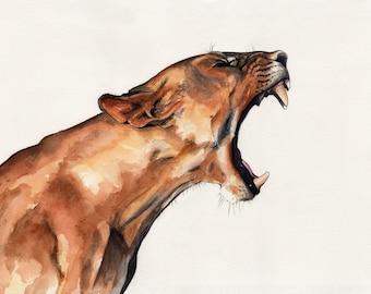 Lioness Roaring LIMITED EDITION print, wall art, nursery art, safari print, wildlife, home decor, watercolour Lion, Lioness, African animal