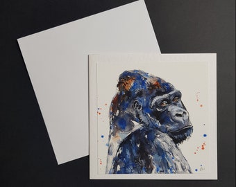 Gorilla - 6x6in square greetings card. Hammered 300gm card with white envelope. Silverback blank card.