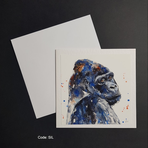 Gorilla - 6x6in square greetings card. Hammered 300gm card with white envelope. Silverback blank card.