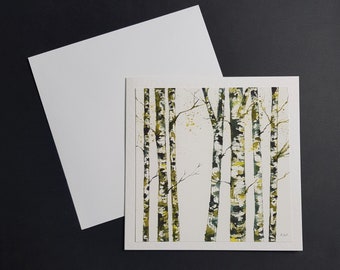 Green Birch Trees - 6x6in square greetings card. Hammered 300gm card with white envelope.