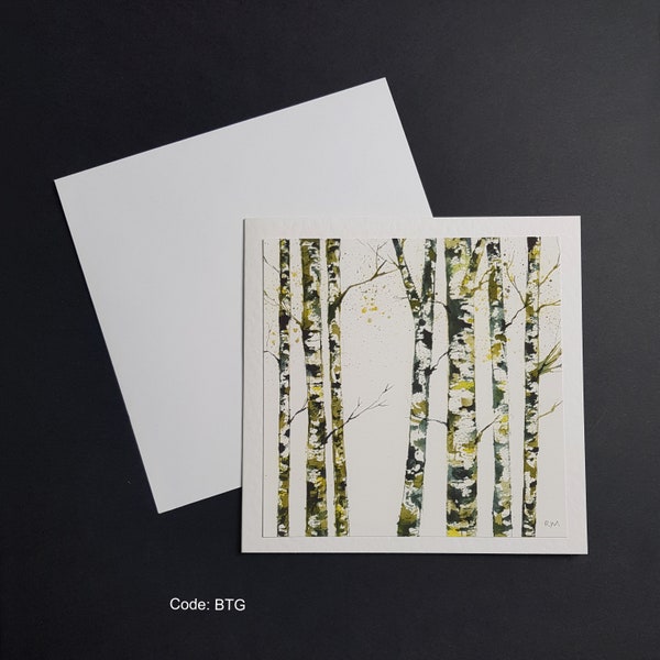 Green Birch Trees - 6x6in square greetings card. Hammered 300gm card with white envelope.