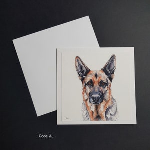 May include: A watercolor painting of a German Shepherd dog with brown, black, and gray fur. The dog is looking directly at the viewer with a serious expression.