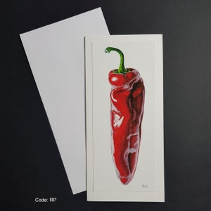 Tarjeta de felicitación Red Pepper DL. Tarjeta martillada de 300 g con sobre blanco. Tarjeta de felicitación Red Hot Chilli.