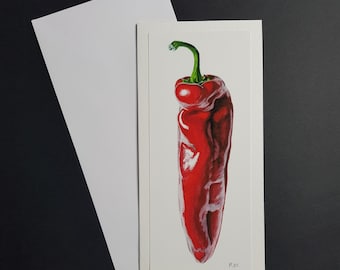 Carte de voeux DL poivron rouge. Carte martelée de 300 g avec enveloppe blanche. Carte de voeux Red Hot Chili.