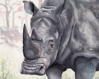 Rhino LIMITED EDITION print, wall art, nursery art, safari print, wildlife, home decor, watercolour Rhinoceros, African animal