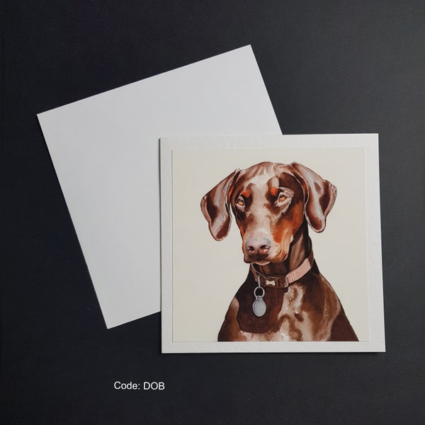 Doberman - 6x6in square greetings card. Hammered 300gm card with white envelope.