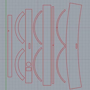 Puede incluir: Un conjunto de 10 dibujos de líneas rojas de formas curvas sobre un fondo de cuadrícula gris. Las formas son de varios tamaños y están dispuestas en una columna vertical.