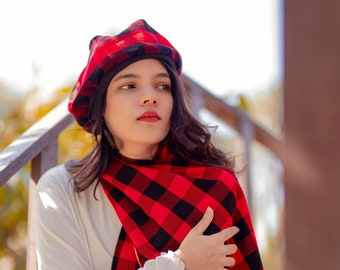 Unisex Winter Plaid Scarf and Hat: Scottish Traditional Tam O' Shanter Flat Bonnet Kilt Tammy Hat & long Scarf - Robroy- Gift For Her/Him.