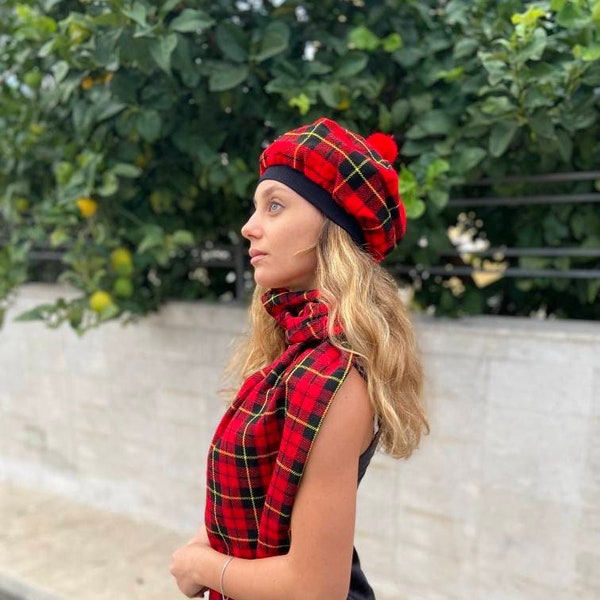 Winter Plaid Scarf and Hat: Scottish Traditional Tam O' Shanter Flat Bonnet Kilt Tammy Hat & Scarf for men and women Wallace
