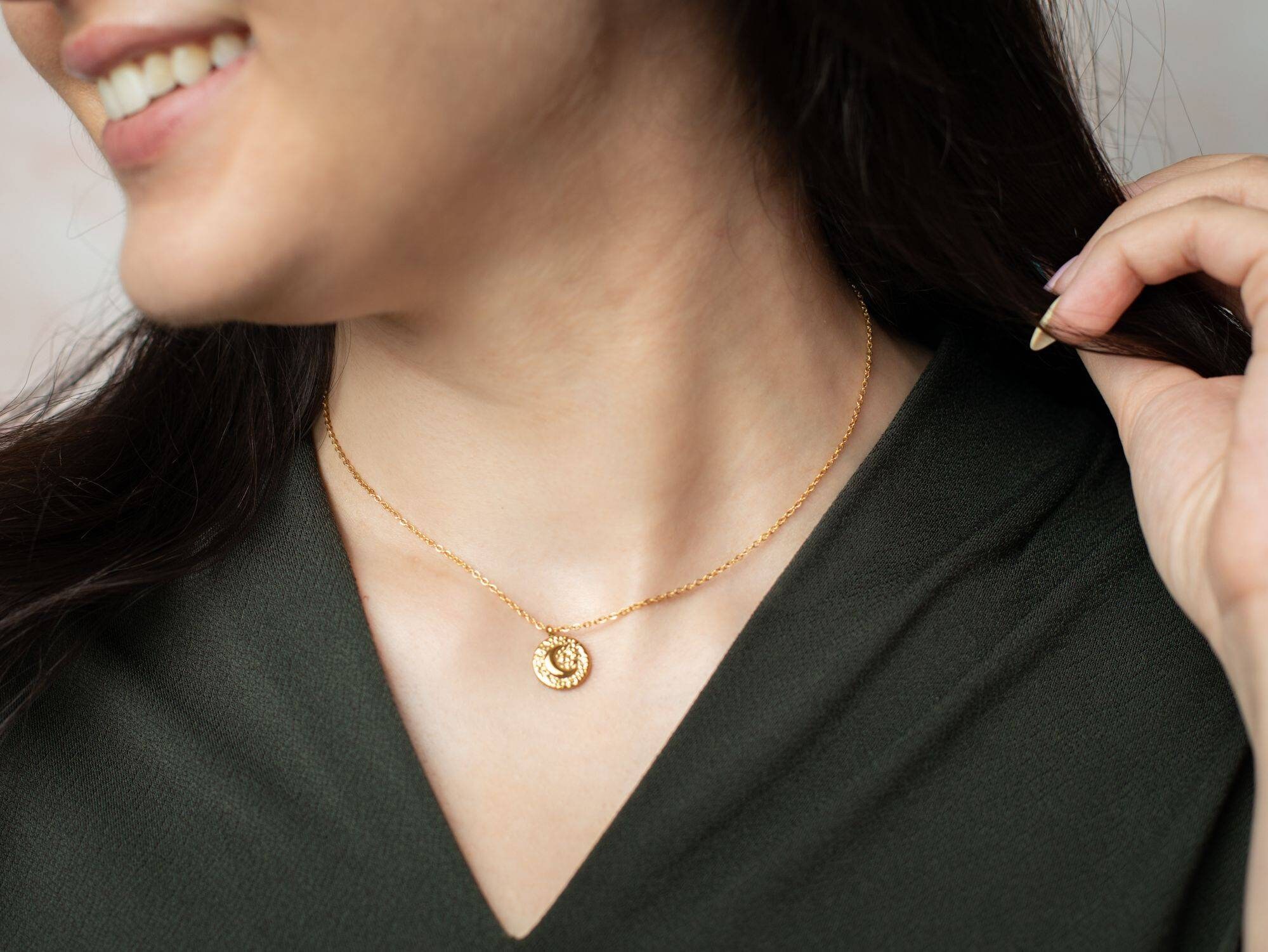 Gold Coin Necklace Crescent Moon Disc 