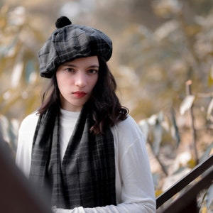 Unisex Winter Plaid Scarf and Hat:Scottish Traditional Tam O'Shanter Flat Bonnet Kilt Tammy Hat & long Scarf Grey Watch Night. image 4