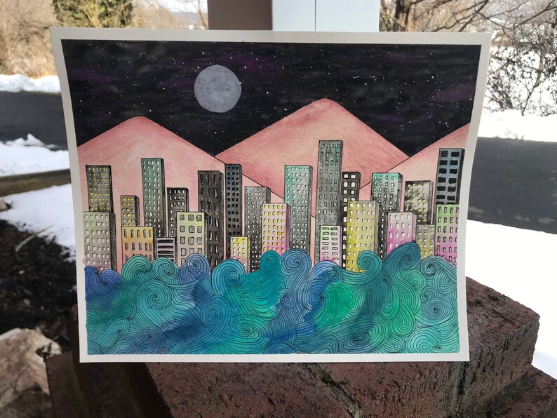 City Under Water 8x10 Original Watercolor Painting