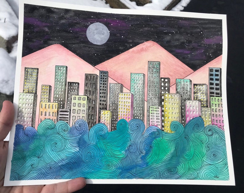 City Under Water 8x10 Original Watercolor Painting