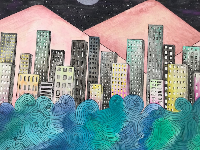 City Under Water 8x10 Original Watercolor Painting