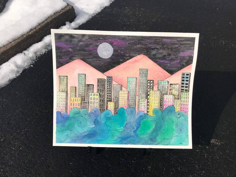City Under Water 8x10 Original Watercolor Painting
