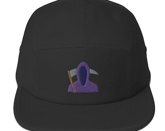 5 panel hat, death embroidered five panel cap.