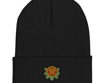 Embroidered Rose Beanie, Unisex Acrylic Knit Hat