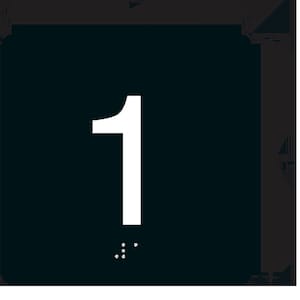 May include: Black square sign with a white number 1 and braille dots. The sign measures 4 inches by 4 inches.