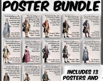 Puede incluir: Un conjunto de 13 pósters imprimibles con citas de Padres y Madres Fundadores. Cada póster presenta un retrato de una figura histórica y una cita atribuida a ella. Los pósters están diseñados en un estilo vintage con un fondo blanco y texto negro. Los pósters forman parte de un paquete que incluye una actividad.