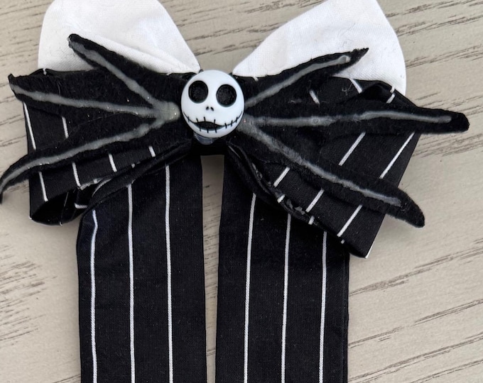 Black and White Pinstripe Skellington Long Tail Fabric Hair Bow, LUKDesignsBoutique