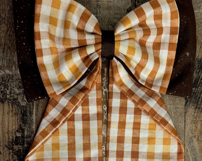 Brown, Yellow, and White Plaid Medium Tail Fabric Hair Bow on French Barrette, LUKDesignsBoutique