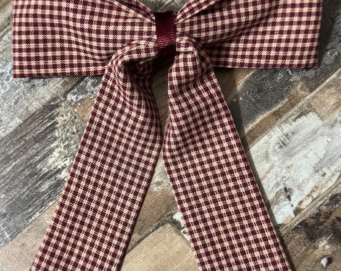 Burgundy Plaid Cotton Hair Bow: Handmade French Barrette Clip