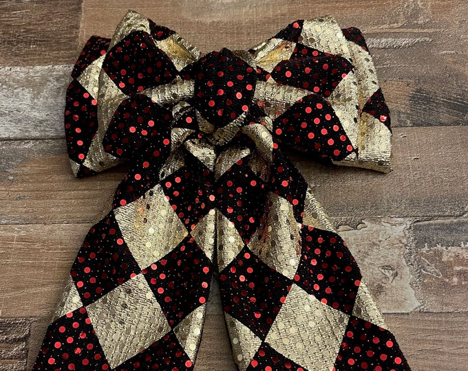 Red and Gold Metallic Knit Fabric Hair Bow with Tails on French Barrette for Dance or Cheer Competition, LUKDesignsBoutique