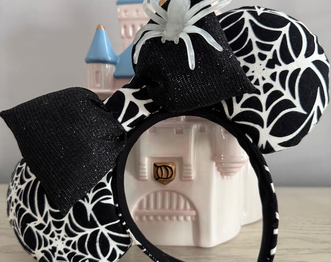 Halloween Black and White Glow In The Dark Spider Web Mickey Minnie Ears Headband, LUKDesignsBoutique