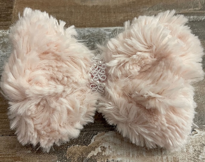 Luxe Faux Fur Pink Hair Bow with White Pearl and Lace Trim on French Barrette, LUKDesignsBoutique