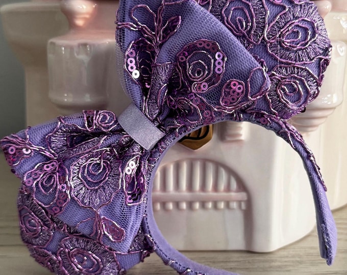 Purple with Lavender Embellished Design Mickey Minnie Ears Headband for 18 Inch Doll, LUKDesignsBoutique
