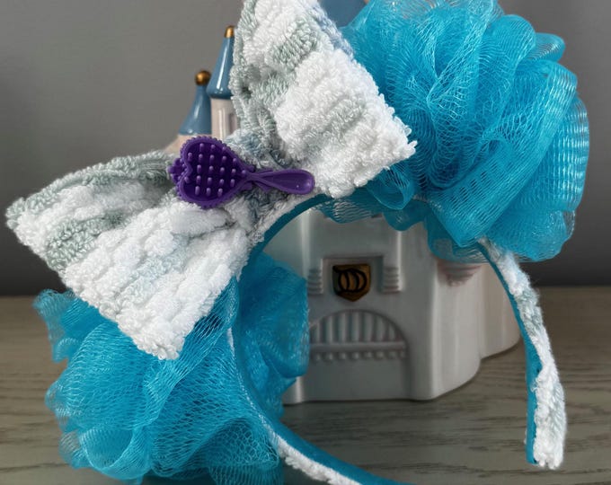Blue and White Spa Day Terry Cloth and Loofah Mickey Minnie Ears Headband, LUKDesignsBoutique