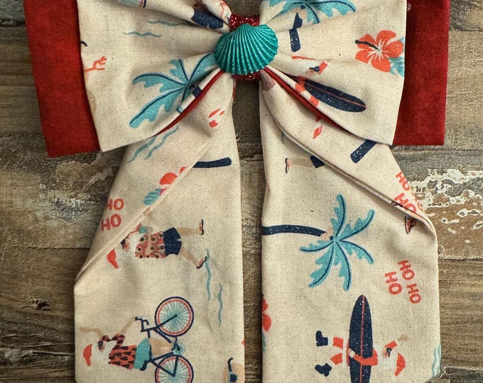 Cream and Red Coastal Christmas Fabric Hair Bow with Santa and Short Tails on French Barrette, LUKDesignsBoutique
