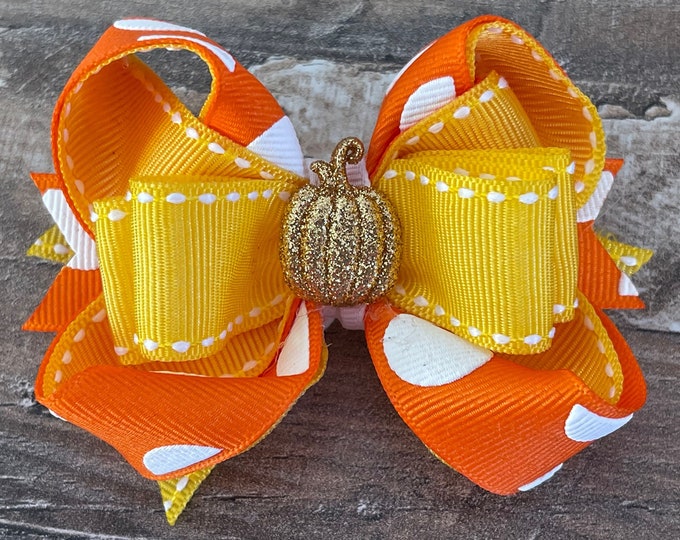 Fall Hair Bow, Pumpkin Hair Bow, Orange White Yellow Hair Bow, LUKDesignsBoutique, (A0020)