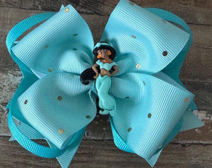 Turquoise Jasmine Grosgrain Boutique Hair Bow on Alligator Clip with Teeth, LUKDesignsBoutique