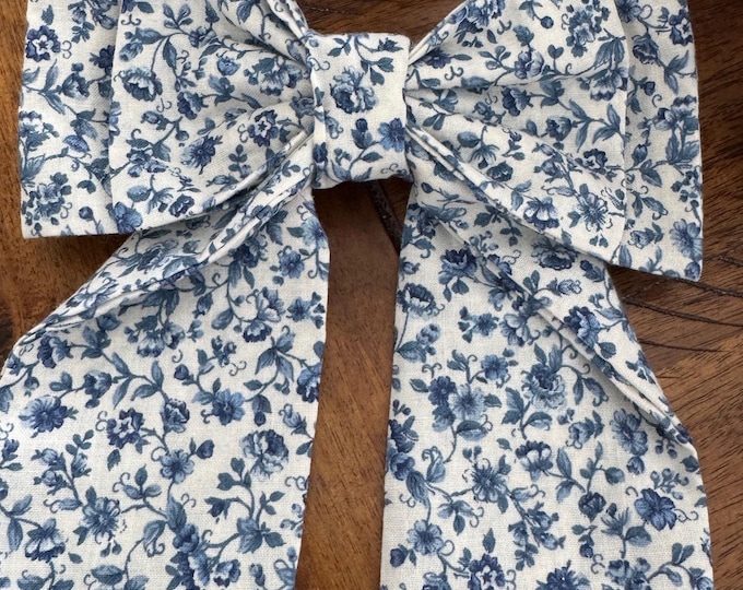 Floral Cotton Hair Bow on French Barrette: White & Blue Print