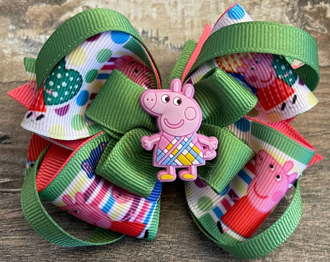 Green and Pink Hair Bow, Pig Hair Bow, Multi Colored Hair Bow, LUKDesignsBoutique, (L0002)