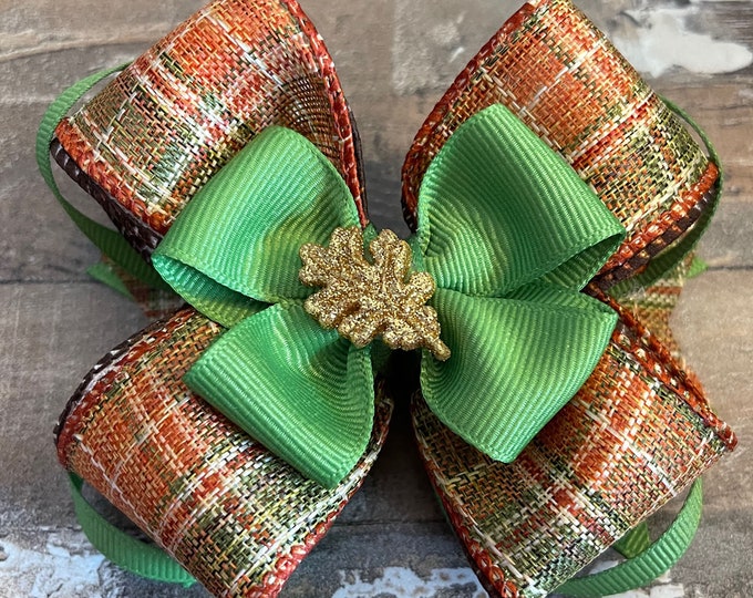 Fall Brown and Green Hair Bow with Gold Glitter Leaf on a Alligator Clip with Teeth, LUKDesignsBoutique