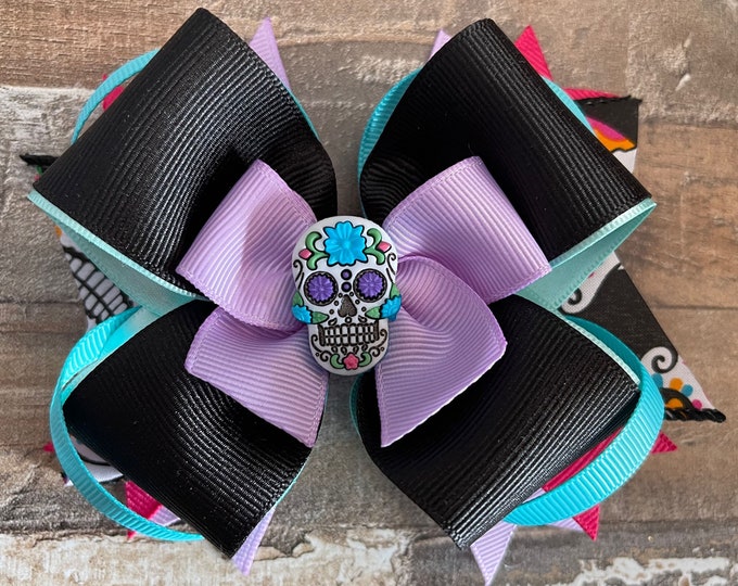Día de Los Muertos (Day of the Dead) Blue/Purple Grosgrain Ribbon Hair Bow with Sugar Skull on Alligator Clip no teeth, LUKDesignsBoutique